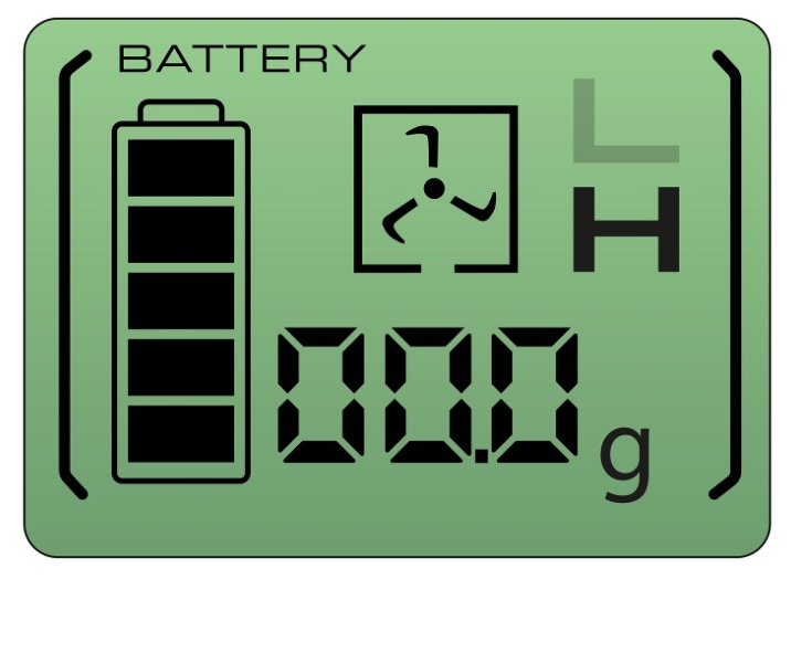 Digitaal informatiedisplay van de Pressol accu-vetspuit met batterij-indicator en grammenmeter